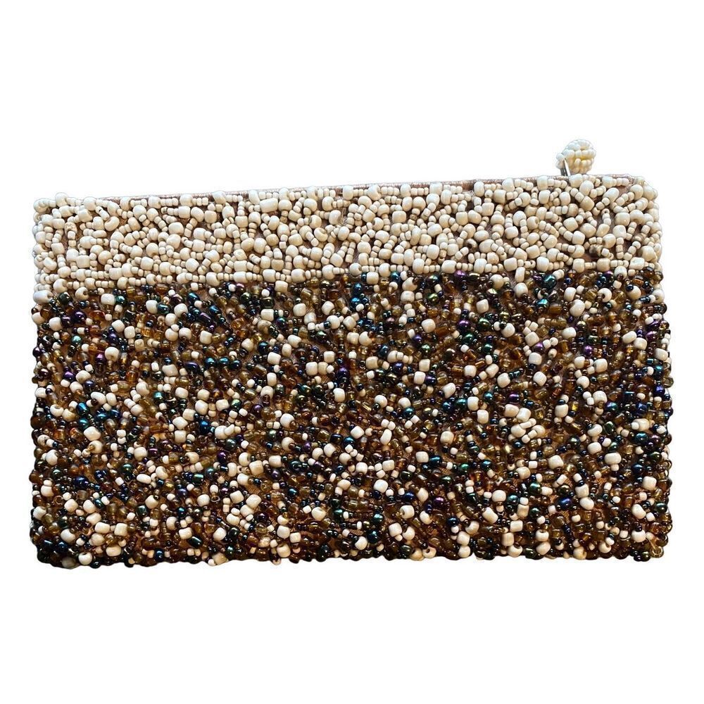 Vintage Textured Beaded Zipper ID Money Wallet Coin Purse Brown white iridescent